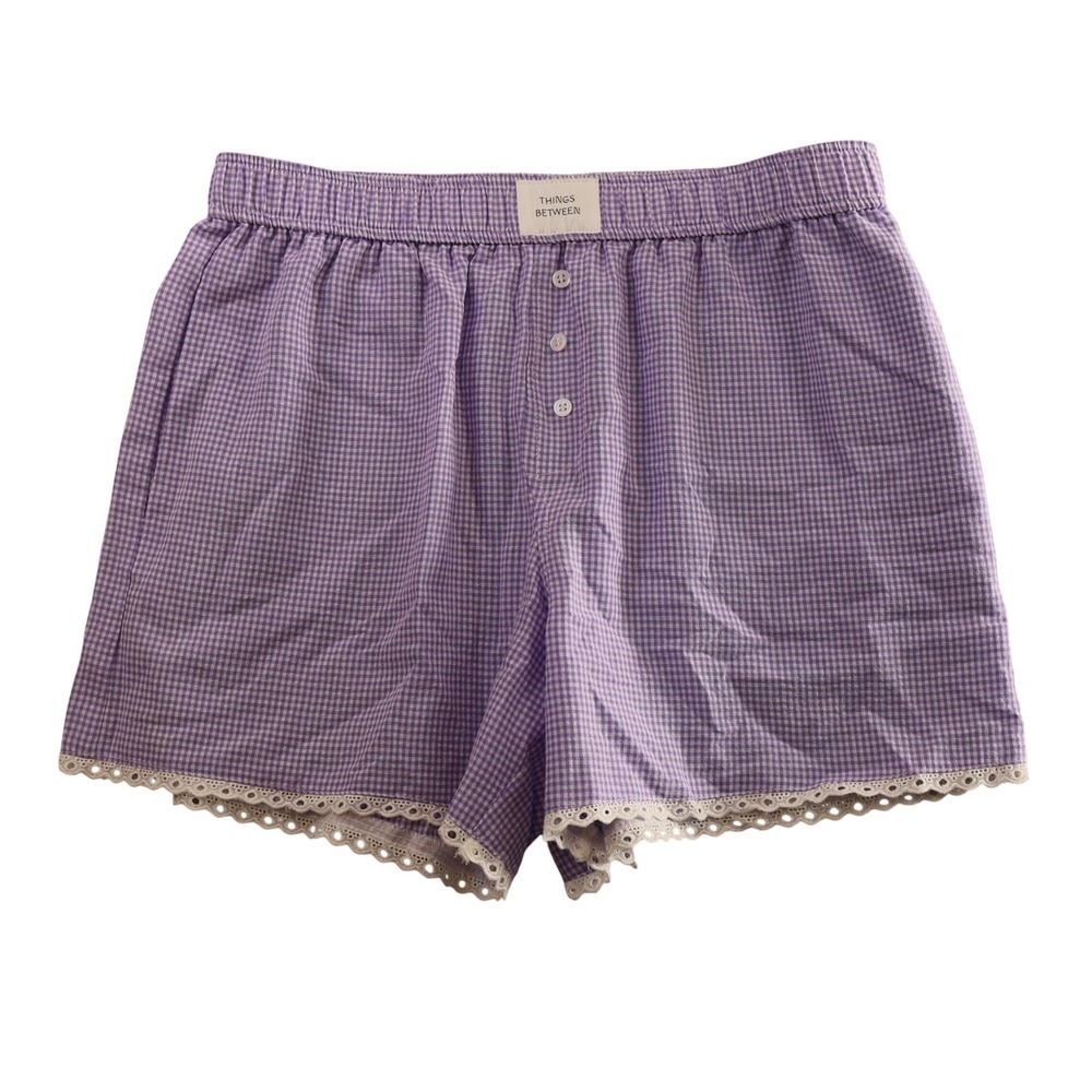 Things Between Women M Boxer Shorts Lilac Gingham Eyelet Lace Trim NWT